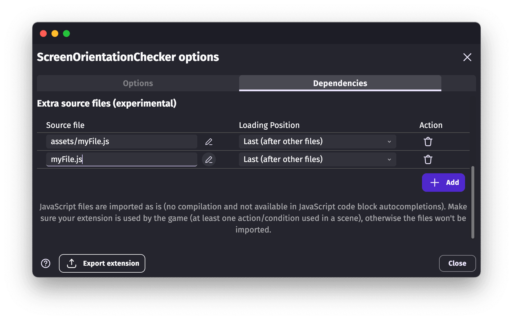 Add a JavaScript file to an extension