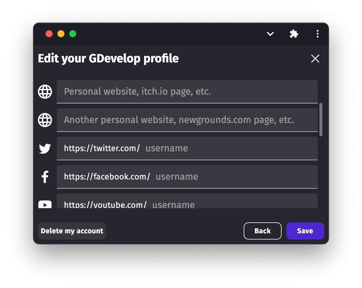 Button to delete your account in your profile